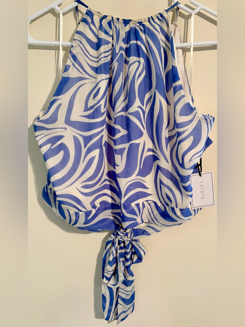 NWT Women’s 1. STATE Blue & White Halter Cutout Tie Back Blouse Tank Top Sz XL